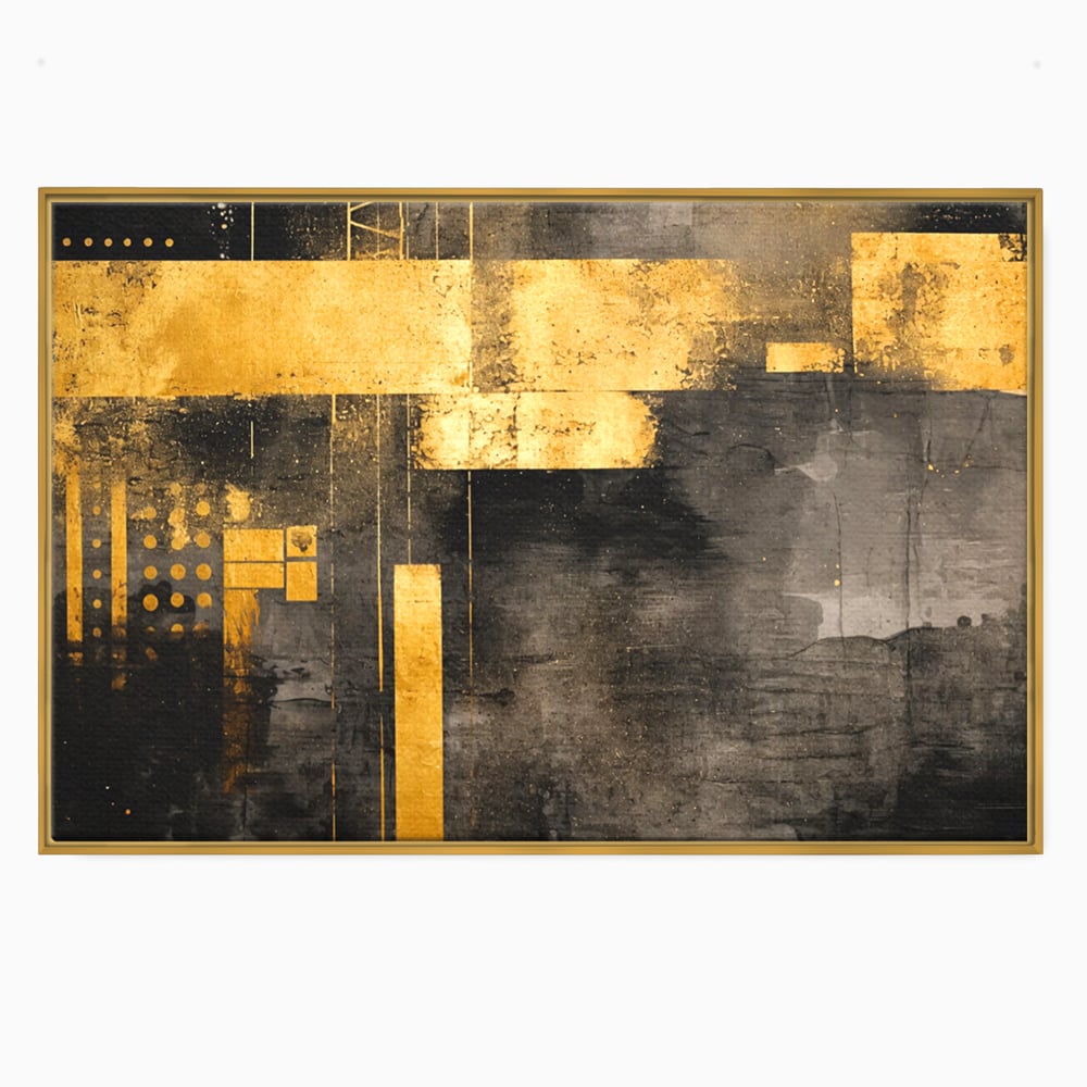 Tablou canvas cu pictura abstracta cu forme geometrice aurii, in rama de aluminiu auriu